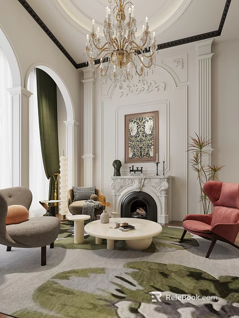 Elegant Duplex Living Room With Fireplace Decorative Painting Chandelier And Accent Chairs 3d model 