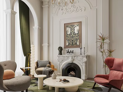 Elegant Duplex Living Room With Fireplace Decorative Painting Chandelier And Accent Chairs 3d model