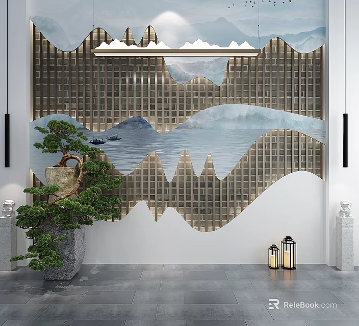 Chinese Style Background Wall With Landscape Pattern Grid Design And Pine Tree Lanterns 3d model 