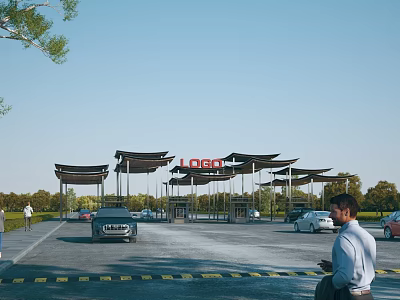 LEGO Main Entrance Gate With Canopies Parked Vehicles And People In Parking Area 3d model