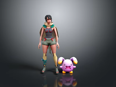 Woman with long hair in casual outfit and arm accessories standing beside pink cute creature 3d model