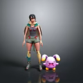 Woman with long hair in casual outfit and arm accessories standing beside pink cute creature