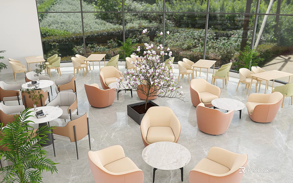 Lounge Interior With Comfortable Chairs Round Tables And Flowering Tree By Large Windows 3d model 