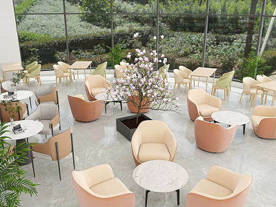 Lounge Interior With Comfortable Chairs Round Tables And Flowering Tree By Large Windows 3d model