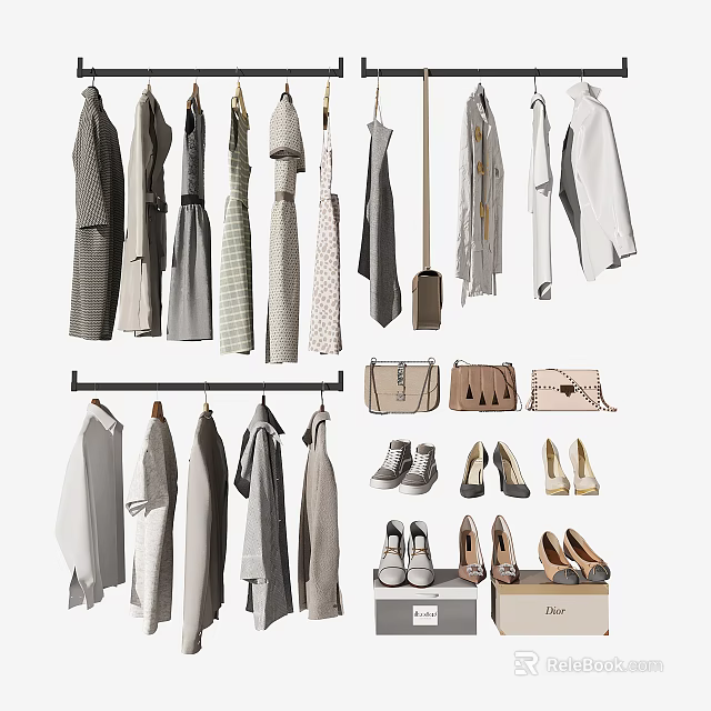 Stylish Clothes Display With Bags And Shoes 3d model