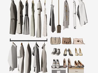 Stylish Clothes Display With Bags And Shoes 3d model