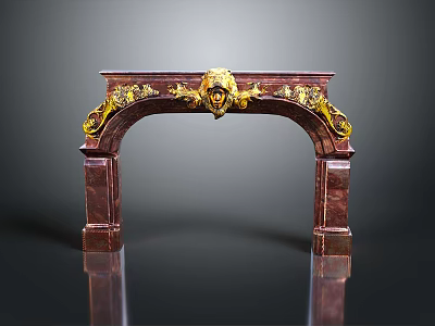 Crimson Marble Fireplace Mantel With Golden Lion Head Decoration And Ornate Classical Design 3d model