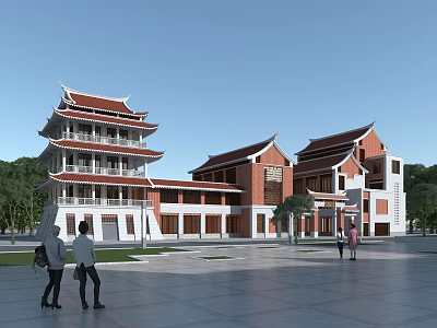 Traditional Style Museum Building With Red Roof Tower Structure And Open Square Area 3d model
