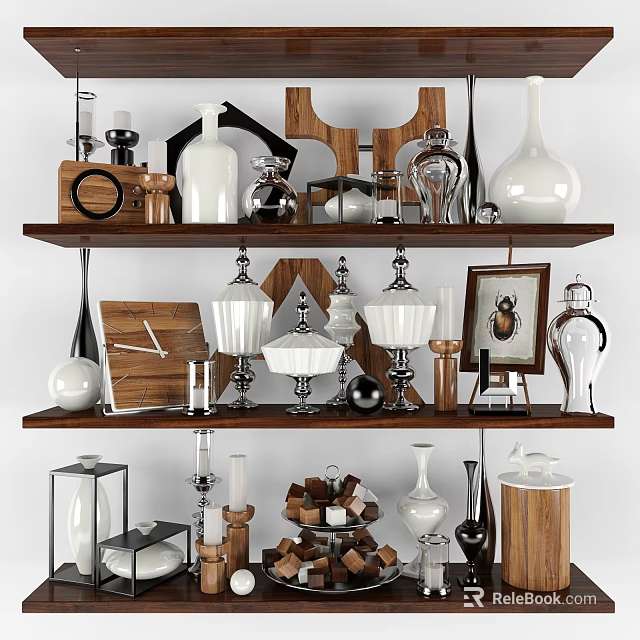 Decorative Ornament Set on Wooden Shelves with Vases Candle Holders Photo Frames And Geometric Decor 3d model 