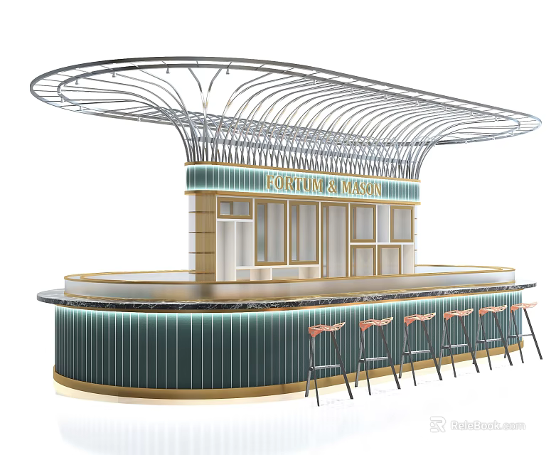 Modern Cocktail Bar Design With Curved Canopy Gold Green Accents And Stools 3d model 
