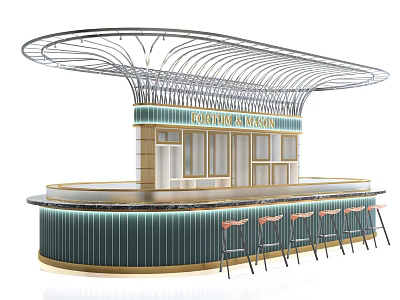 Modern Cocktail Bar Design With Curved Canopy Gold Green Accents And Stools 3d model