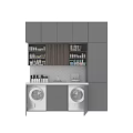 Gray Bathroom Cabinetry with Open Shelves Holding Toiletries Wooden Backsplash Sink Countertop and Washing Machines