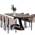 Modern Dining Table Set With Marble Top Light Gray Chairs And Decorative Flowers 3d model