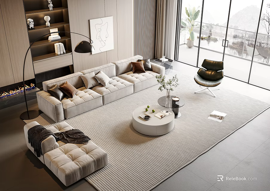 Modern Living Room With Beige Sofa And Round Coffee Table Set Rug And Floor Lamp 3d model 