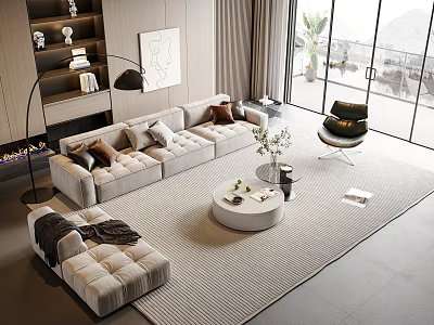 Modern Living Room With Beige Sofa And Round Coffee Table Set Rug And Floor Lamp 3d model