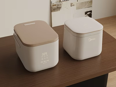 Midea Kitchen Appliances Rice Cookers With Beige And White Sleek Design On Wooden Table 3d model