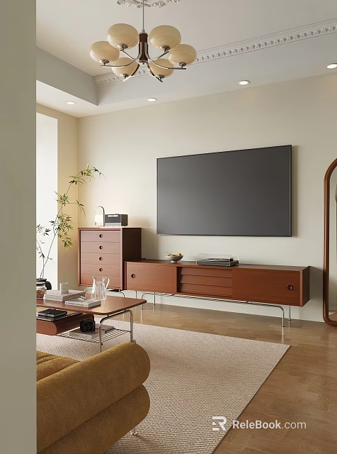Modern Wooden TV Stand With Side Chest Of Drawers And Potted Plant 3d model 