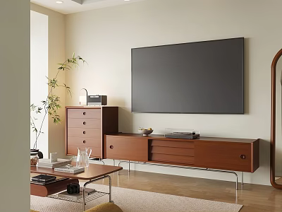 Modern Wooden TV Stand With Side Chest Of Drawers And Potted Plant 3d model