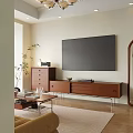 Modern Wooden TV Stand With Side Chest Of Drawers And Potted Plant
