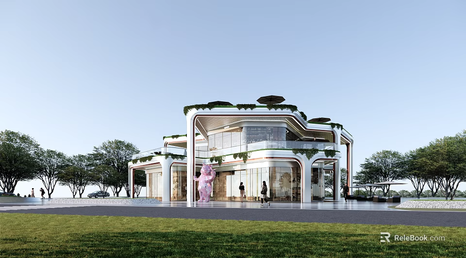 Modern Sales Office Building Architectural Design With Glass Curtain Walls Green Roof And Front Lawn 3d model 