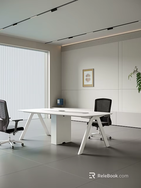 Modern White Office Desk With Black Office Chairs Framed Artwork and Green Plant 3d model 