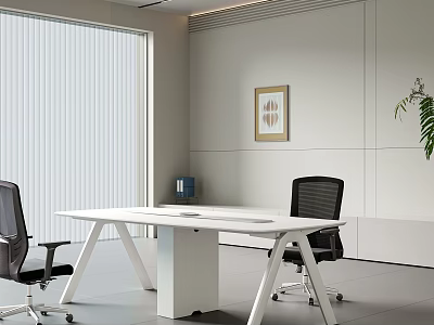 Modern White Office Desk With Black Office Chairs Framed Artwork and Green Plant 3d model