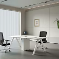 Modern White Office Desk With Black Office Chairs Framed Artwork and Green Plant