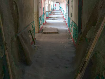 Abandoned Elevator Corridor With Peeling Walls Dusty Floor And Damaged Structures 3d model