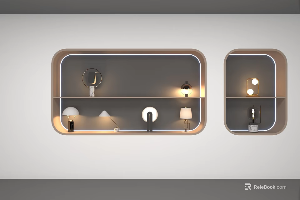 Various Designed Table Lamps On Wall Mounted Wooden Framed Grey Shelves With White Wall Background 3d model 