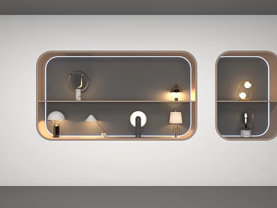 Various Designed Table Lamps On Wall Mounted Wooden Framed Grey Shelves With White Wall Background 3d model