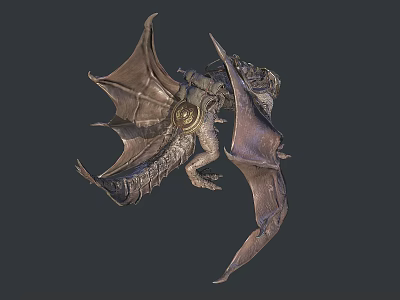 Flying Dragon Creature With Spread Metallic Wings Detailed Scaled Body And Golden Medallion 3d model