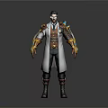 Steampunk Bearded Male Character With White Long Coat And Gold Blue Mechanical Armor