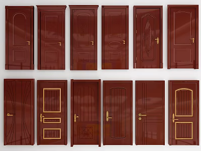 Wooden Swing Doors With Various Classic Patterns And Golden Handles 3d model
