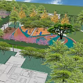 Vibrant Children's Playground with Blue Pink Orange Ground Curved Slides Green Trees and Pink Blossom