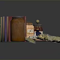 Daily Life Items With Books Jars Open Notebook Feather And Small Plant