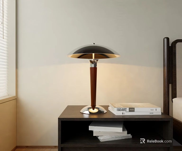 Modern Table Lamp With Metallic Shade And Wooden Pole On Dark Bedside Table And Books 3d model 