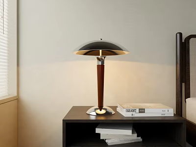 Modern Table Lamp With Metallic Shade And Wooden Pole On Dark Bedside Table And Books 3d model