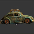 Vintage Volkswagen Beetle with Blue Green Body Roof Rack TOP SAFE Lettering and Distressed Finish