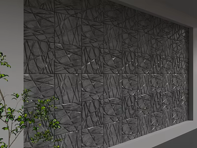 Gray Geometric Pattern Background Wall With Modern Textured Design And Green Plants 3d model