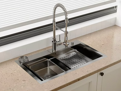 Stainless Steel Kitchen Sink With Pull Down Faucet On Beige Countertop And Cabinets 3d model