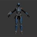 Game Movie Character In Detailed Blue Silver Armored Suit With Helmet Standing Pose