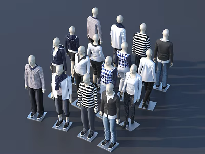 Mannequins Dressed In Different Outfits Standing On Gray Background Displaying Various Styles 3d model