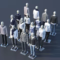 Mannequins Dressed In Different Outfits Standing On Gray Background Displaying Various Styles