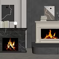 Black And White Marble Fireplaces With Burning Fire Books And Wall Art Decor