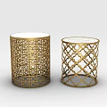 Round Side Tables With Gold Intricate Cutout Frame And White Smooth Tabletop 3d model