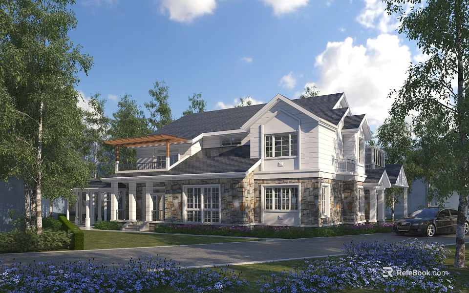 Detached Villa Exterior Design With White Stone Facade Black Roof Trees and Blue Flowers 3d model 