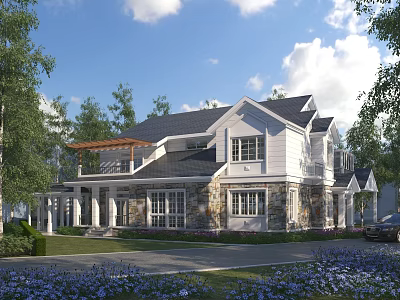 Detached Villa Exterior Design With White Stone Facade Black Roof Trees and Blue Flowers 3d model
