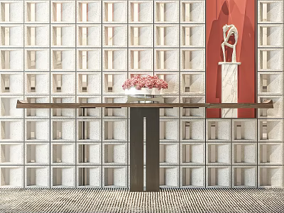 Elegant Console Table With Pink Bouquet And Sculpture On White Grid Red Accent Wall 3d model