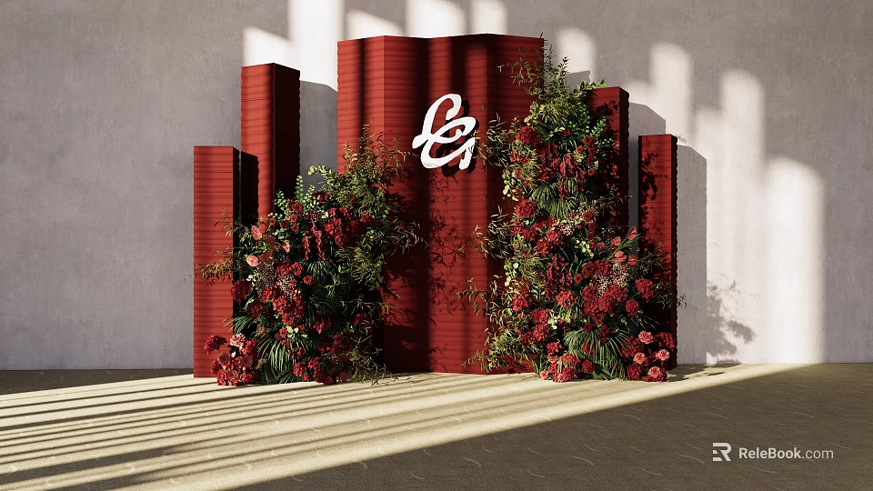 Floral Installation With Red Backdrop Column Structures Red Green Flowers And White Logo 3d model