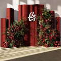 Floral Installation With Red Backdrop Column Structures Red Green Flowers And White Logo 3d model